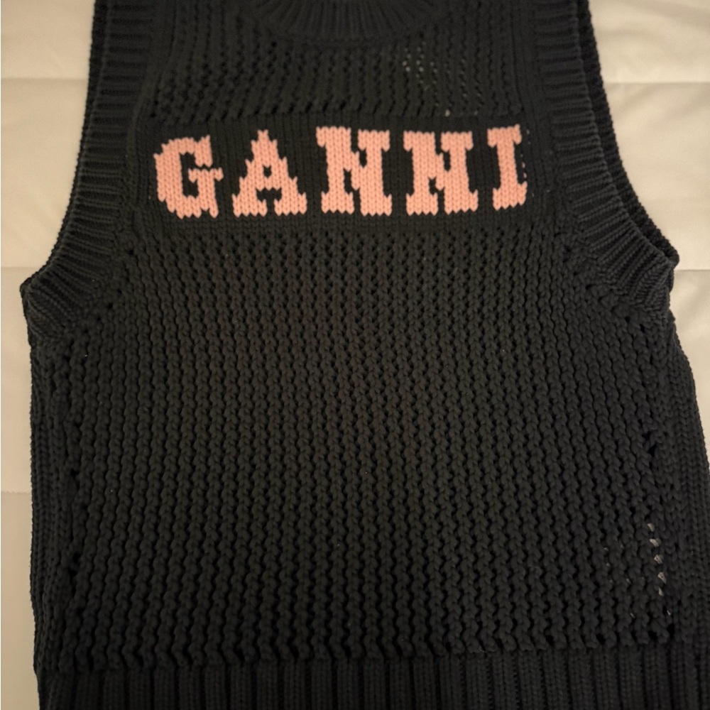 Ganni Black Knit Sweater Vest with Pink Lettering